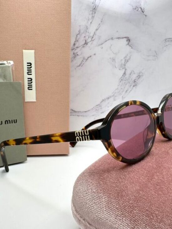 New MIU MIU Sunglasses Brown Tortoise Round Acetate Gold Metal Logo Authentic main image 16